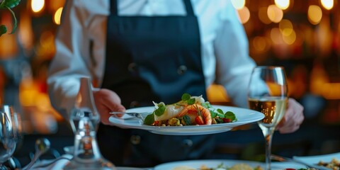 Fototapeta premium A man wearing a black apron is holding a plate of food and a glass of wine