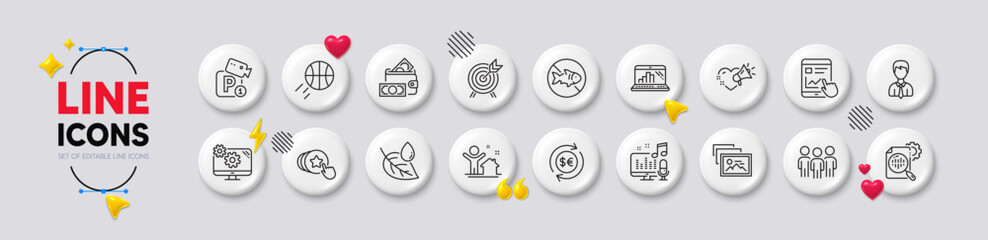 Hold heart, Archery and Group line icons. White buttons 3d icons. Pack of Basketball, Settings, Parking security icon. Businessman, Money currency, Internet report pictogram. Vector