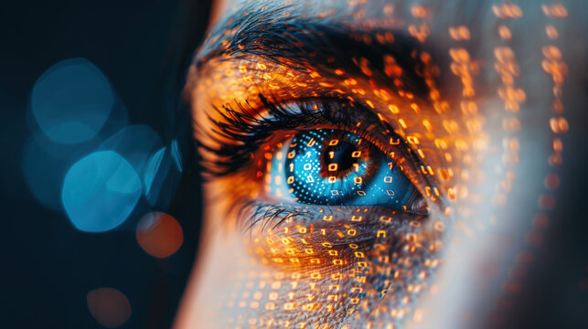 gros plan sur un visage sur lequel se refl&egrave;te une lumi&egrave;re bleu et orange avec de data