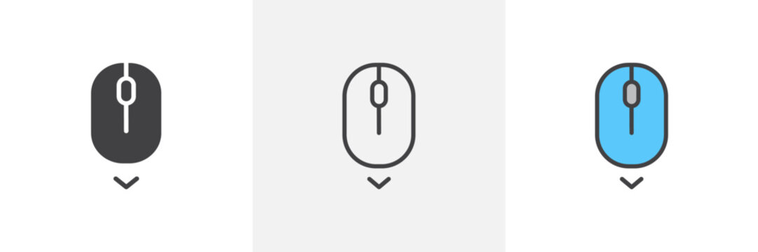 Scroll down computer mouse icon symbol collection on white background.