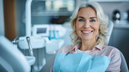 A middle-aged woman at the dental clinic, sitting comfortably in the chair with a bright smile on her face, depicting a pleasant and reassuring dental visit experience.