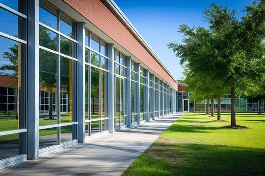Classic brick school building exterior under clear blue sky, showcasing American education architecture with green trees and flags waving in the breeze