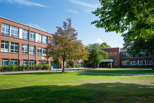 Classic brick school building exterior under clear blue sky, showcasing American education architecture with green trees and flags waving in the breeze