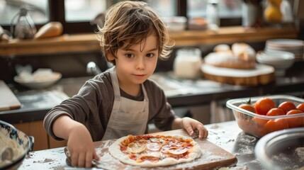 A child in a gray shirt and apron artfully adds ingredients to a pizza in a warm kitchen, capturing the creative process of cooking and the youthful delight in food-making.