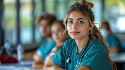 A young medical student in green scrubs, equipped with a stethoscope, pays close attention during a lecture, highlighting the dedication and focus required in the healthcare field.