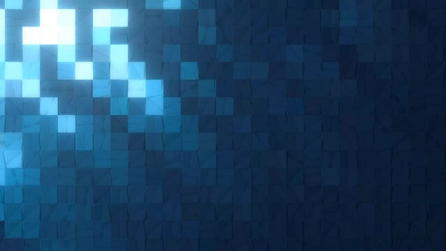 4k video of blue pixel mosaic animation with glow effect on lighter pixels and texture effect on darker pixels.