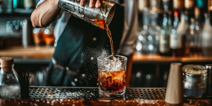 A bartender is pouring a drink into a glass