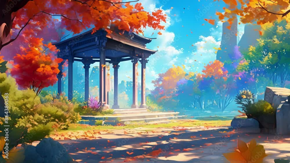 Poster an enchanted courtyard with a canopy of colorful trees and a winding stone path leading to a charmin