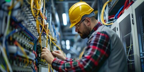 A man in a yellow hard hat is working on a power line