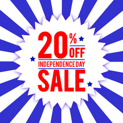 4th of July Independence Day sale 20% off discount banner design with blue and white sun burst background. Fourth of July USA national holiday vector illustration with special offer.