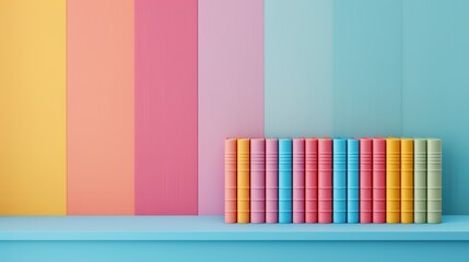 A stylish bookshelf featuring a spectrum of books in rainbow colors, arranged in a minimalist fashion to create a trendy and artistic look. The image offers ample copy space for adding text or