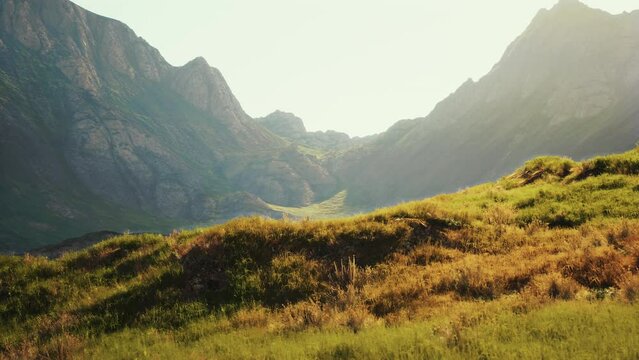 misty dusk on a mountain plateau between rocky peaks