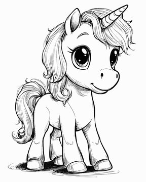 Ausmalbild isoliertes l&auml;chelndes Einhorn in schwarz wei&szlig; handgezeichnet f&uuml;r ein Kindermalbuch oder als Vorlage zum Ausmalen