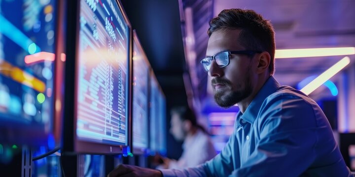 A man is sitting in front of a computer monitor with a serious look on his face