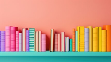 A minimalist bookshelf adorned with a vibrant rainbow of books, creating a visually appealing and colorful display. The image features plenty of copy space for customization, making it ideal for