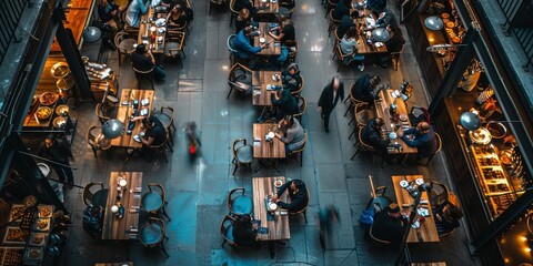 A busy restaurant with many tables and chairs