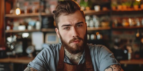 Fototapeta premium A man with a beard and tattoos is sitting at a counter in a bar