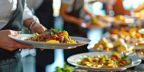 A woman is holding a plate of food and is about to serve it