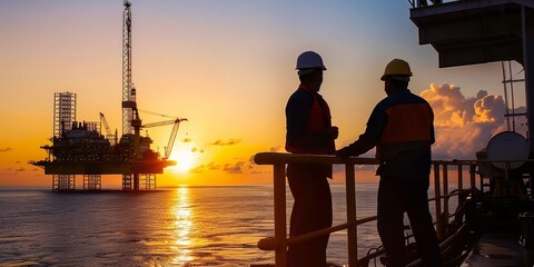 Fototapeta premium silhouette of oil workers against the backdrop of an offshore oil platform