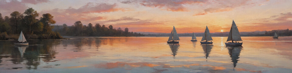 Fototapeta premium Serene sailboats drifting across a tranquil lake at sunset, depicted with thick, textured oil paint that adds depth and movement to the water, Generative AI