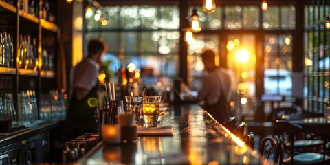 A bar with two bartenders and a few glasses on the counter