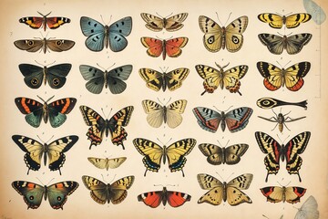 Fototapeta premium Vintage illustration of various colorful butterflies and moths