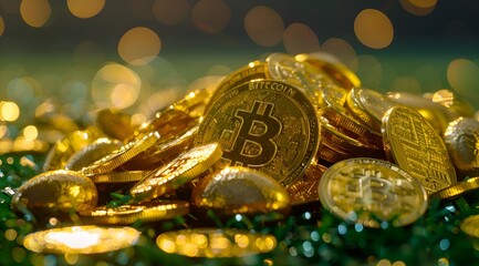 Golden Bitcoin Cryptocurrency Coins on Green Background.