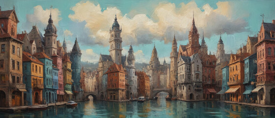 Naklejka premium A surreal oil painting on canvas, featuring thick, raised layers of paint that blend organic and geometric textures into a captivating, otherworldly architectural scene, Generative AI.