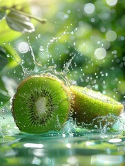 Kiwifruit and water photography, light green background, surreal still life photography, macro shots of tropical fruits