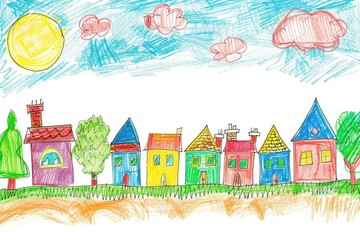 Colorful Children's Drawing of a Cheerful Neighborhood with Houses and Trees Under a Sunny Sky
