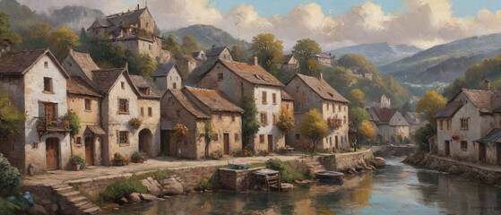 Fototapeta premium A dynamic oil painting on canvas of a bustling urban center, where thick, raised layers of paint capture the mix of architecture and the energetic pulse of the city, Generative AI.