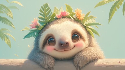 Adorable sloth with flower crown, cute animal illustration. Perfect for children's books, greeting cards, and nature-themed designs.