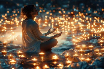 Obraz premium A woman sits cross-legged, eyes closed, amidst a serene sea of candles. Their hands hold two lit candles, reflecting the peaceful ambiance of the night