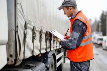 A truck driver in an orange safety vest completes a safety inspection checklist while standing next to a large semi-trailer truck