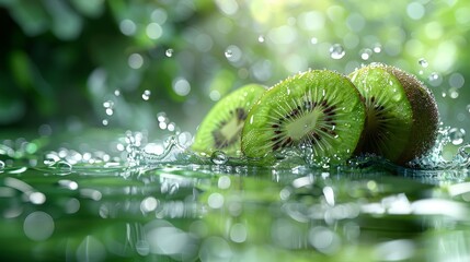 Kiwifruit and water photography, light green background, surreal still life photography, macro shots of tropical fruits