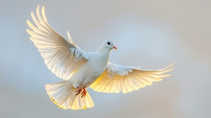 Obraz premium Dove of Peace A majestic white dove, symbolizing peace, soars gracefully through the sky, its wings outstretched, each feather reflecting the holy light of the spirit