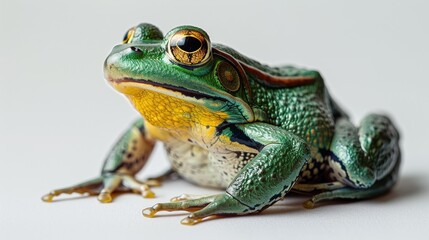 Fototapeta premium Green Frog Charm A vibrant green frog, with captivating yellow eyes, sits serenely against a white background, showcasing its playful personality