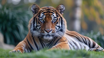 Obraz premium Tiger Stripe Elegance Embrace the power and grace of the tiger with this stunning artwork Soft hues, flat texture, and intricate patterns are captured in high resolution, creating a seamless design pe