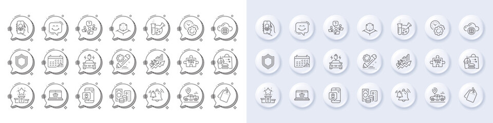 Credit card, Training results and Online shopping line icons. White pin 3d buttons, chat bubbles icons. Pack of Smile chat, Augmented reality, Winner podium icon. Vector