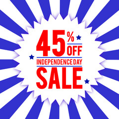 4th of July Independence Day sale 45% off discount banner design with blue and white sun burst background. Fourth of July USA national holiday vector illustration with special offer.