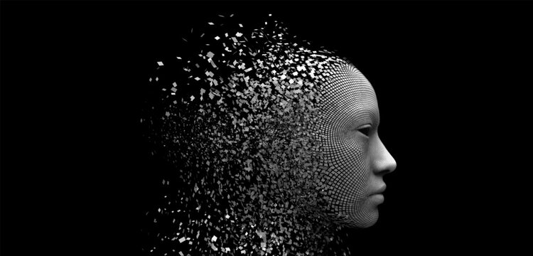 Vector human or artificial head dispersion effect and disintegrating into particles on black background. 3D polygonal illustration. Concept of fusion between human and artificial intelligence.