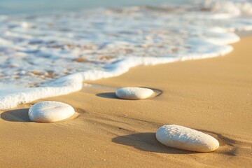 Three white, smooth stones lie on a sandy beach, bathed in the soft light of the setting sun. The gentle waves of the ocean lap at the shore, creating a tranquil and peaceful scene