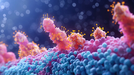 IDP Cell Signaling: Design a scene showing intrinsically disordered proteins involved in cell signaling pathways and their inhibition to modulate cellular responses. 