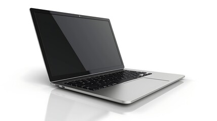 Sleek silver laptop blank screen with black keyboard on white background mockup