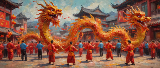 Fototapeta premium A vibrant scene of a dragon dance during a Chinese New Year festival, rendered in bold, impasto oil paint to capture the energy and movement, Generative AI