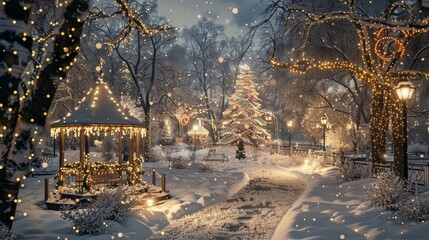 Enchanting winter wonderland  tranquil snowy scene with glowing christmas lights