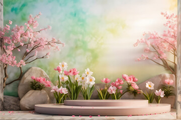 Fototapeta premium Background podium 3D spring flower product beauty pink display nature. 3D podium stand background scene floral mockup cosmetic white blossom summer abstract shadow platform minimal design render stag