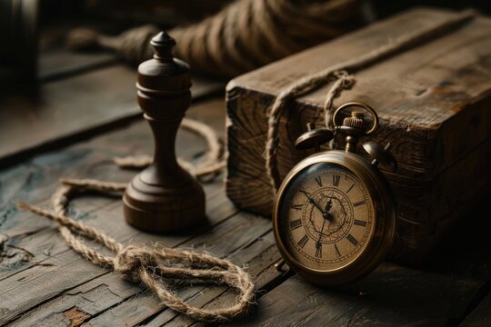 A vintage pocket watch with roman numerals sits on a wooden table next to an antique chess piece and a spool of twine