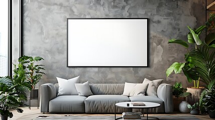 Modern living room with gray sofa and green plants blank landscape frame poster mockup