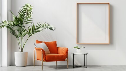 Modern living room with orange armchair and empty frame mockup